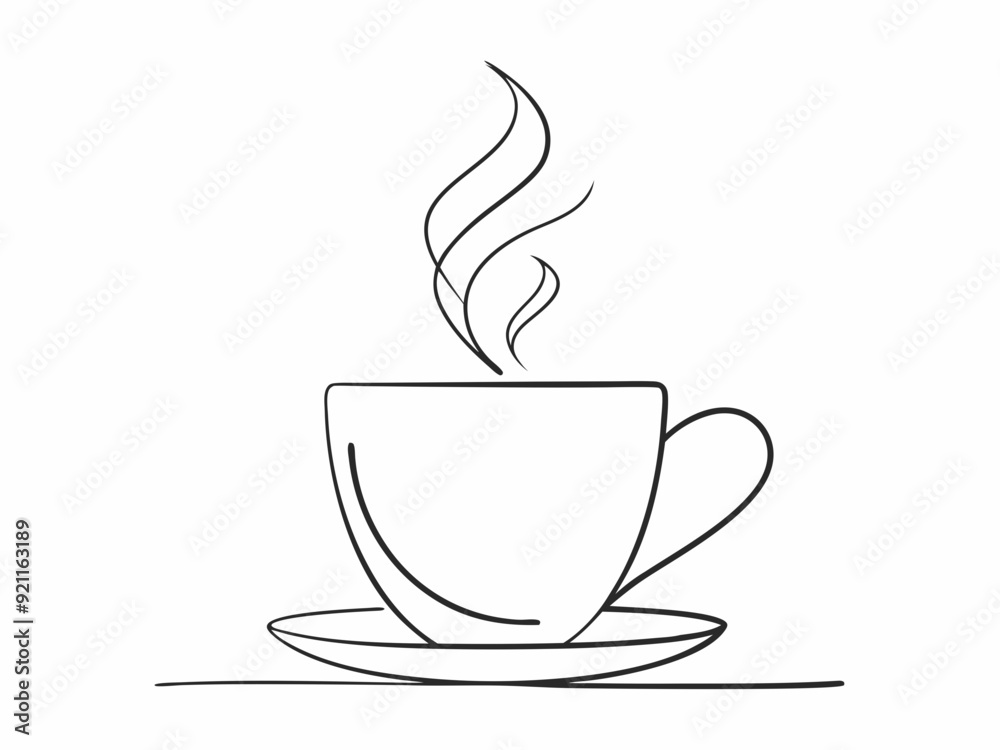 continuous single line drawing of cup with steaming hot coffee or tea, line art vector illustration

