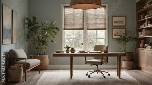 Calming Home Office Setup with Soft Lighting and Elegant Decor