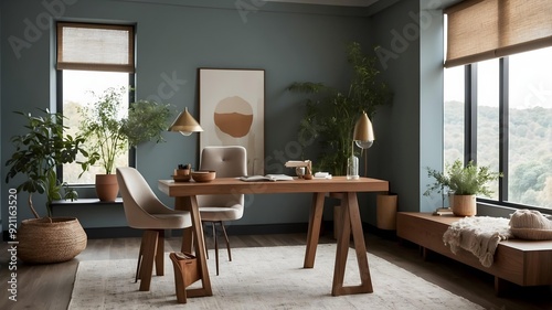 Stylish Home Office with Laptop and Decorative Plant