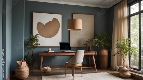 Stylish Home Office with Laptop and Decorative Plant