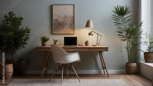 Stylish Home Office with Laptop and Decorative Plant
