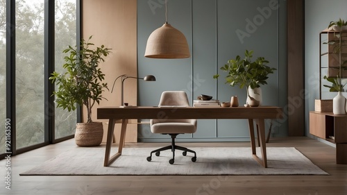 Minimalist Home Office with Cozy Earth Tones and Green Accents