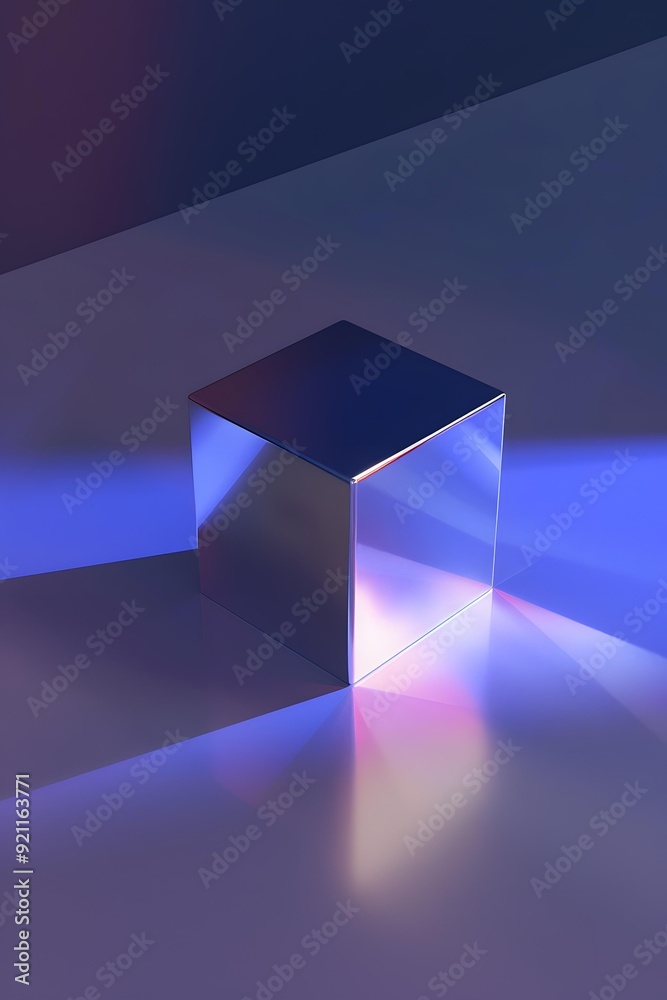 Glossy Metallic Cube Reflecting Neon Light Glossy Metallic Cube Reflecting Neon Light