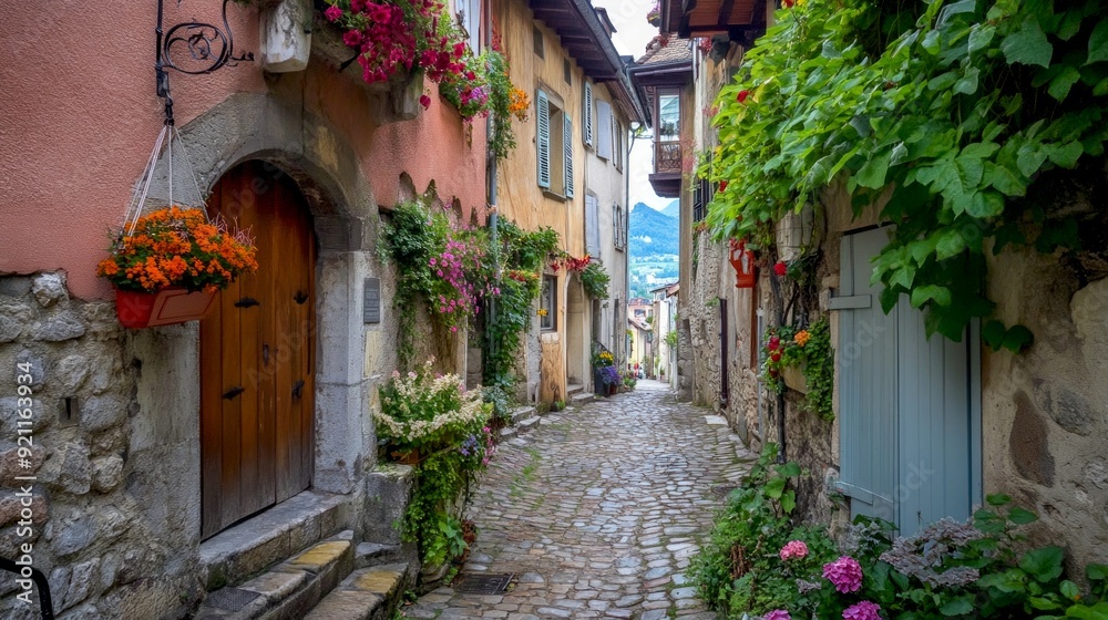 Fototapeta premium Charming narrow cobblestone street adorned with vibrant flowers in a quaint village setting. Perfect ambiance for a peaceful stroll.