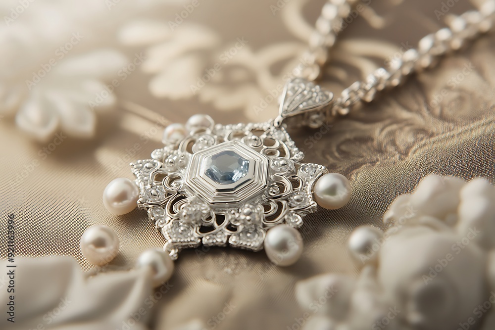 Elegant White Gold Pendant with Pearls, Filigree, and Sri Lankan Sapphire on Luxurious Brocade Background