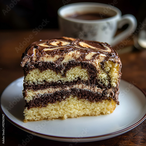 a piece of cake sits on a  white plate next to a cup of coffee with dark background 