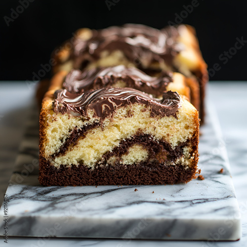 delicious marble cake slice with chocolate on dark background