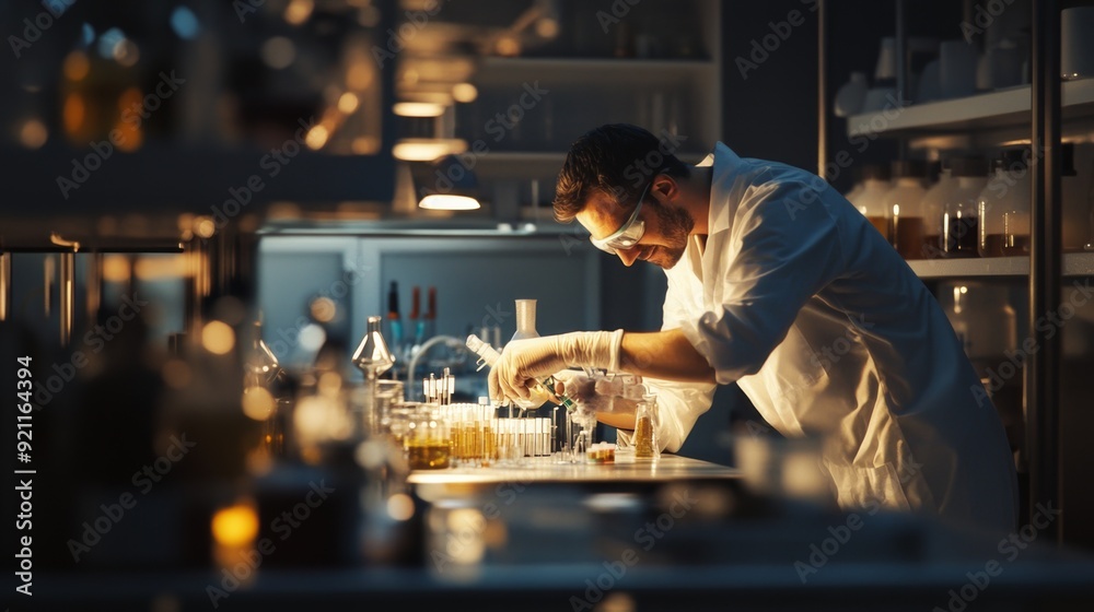 The laboratory technician in a white coat conduct analyses with precision, carefully measuring reagents and documenting every detail The laboratory technician in a white coat conduct analyses with precision, carefully measuring reagents and documenting every detail