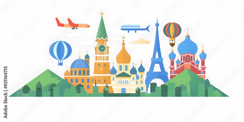 Travel Illustration With Famous Landmarks Travel Illustration With Famous Landmarks