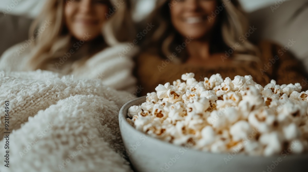Two people sit closely together on a couch, wrapped in cozy blankets as they watch a movie and share a bowl of popcorn, enjoying a relaxing and intimate moment together. Two people sit closely together on a couch, wrapped in cozy blankets as they watch a movie and share a bowl of popcorn, enjoying a relaxing and intimate moment together.