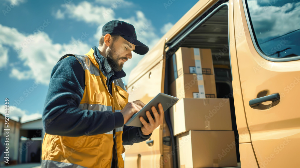 A company worker reviews delivery information on a tablet next to his van, surrounded by neatly stacked cardboard boxes on a sunny day A company worker reviews delivery information on a tablet next to his van, surrounded by neatly stacked cardboard boxes on a sunny day