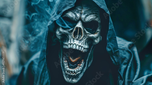 The grim reaper's skull face screams in horror, enveloped in shadows, creating a chilling atmosphere perfect for Halloween-themed events