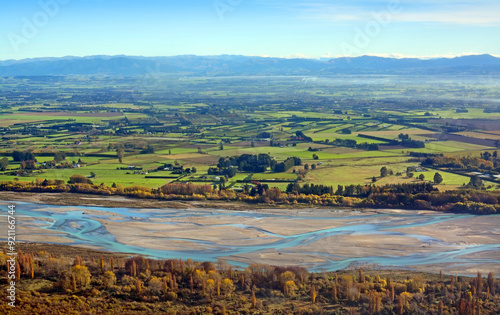 Canterbury Plains & Waimakariri River Aerial  Autumn morning, New Zealand
