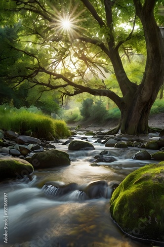 A forest stream flowing past moss covered rocks and a large tree.