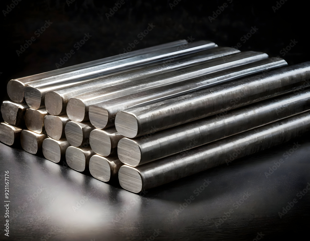 where round nickel bars are the focal point, set against a black background. The bars should appear robust and durable, with their shiny surface gleaming under strategic lighting. where round nickel bars are the focal point, set against a black background. The bars should appear robust and durable, with their shiny surface gleaming under strategic lighting.