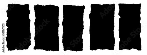 Black ripped and cutout paper torn strip vector illustration isolated on white. Ripped edge texture strips collection. Collage shape of black paper silhouette. Shreds of pages. Grunge fragment