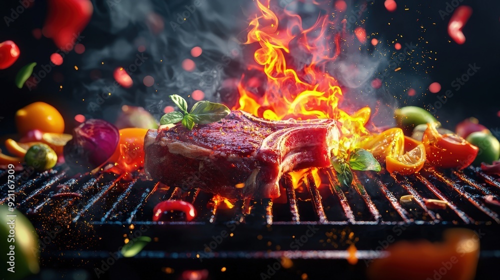 A sizzling grilled steak surrounded by vibrant vegetables, perfect for capturing the essence of outdoor cooking. A sizzling grilled steak surrounded by vibrant vegetables, perfect for capturing the essence of outdoor cooking.