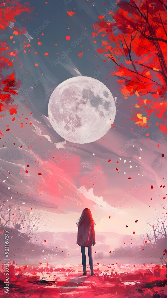 Woman Standing In Red Landscape With Full Moon Woman Standing In Red Landscape With Full Moon