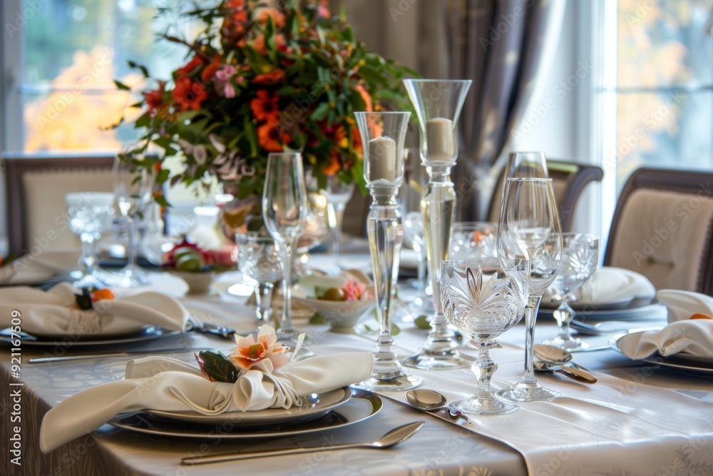 A well-lit dining table with elegant glassware, white plates, and a colorful floral centerpiece, set in a vibrant and inviting atmosphere A well-lit dining table with elegant glassware, white plates, and a colorful floral centerpiece, set in a vibrant and inviting atmosphere