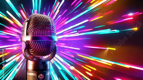 A microphone with neon lights in the background