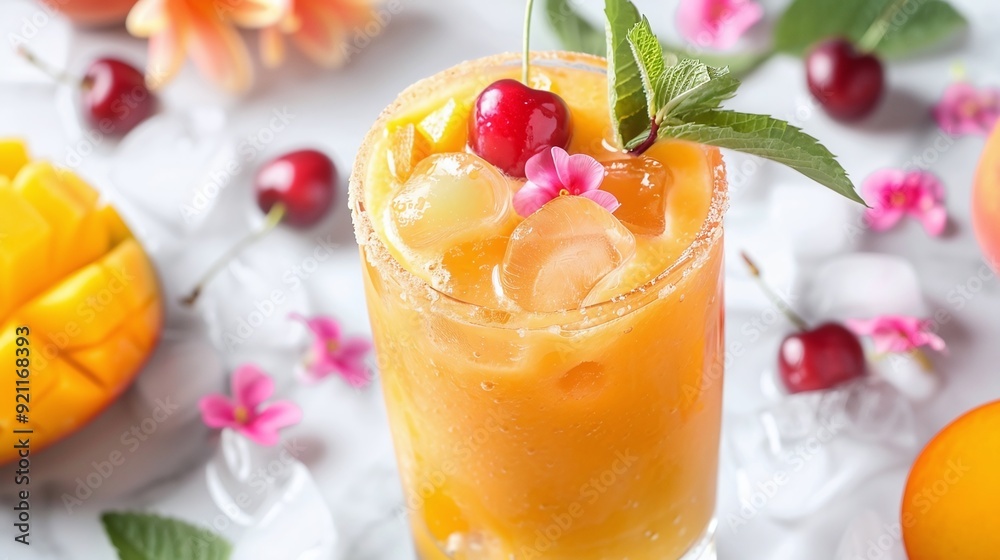 Glass of refreshing mango juice with ice and mint leaves, surrounded by diced mango and mint on a light-colored background Glass of refreshing mango juice with ice and mint leaves, surrounded by diced mango and mint on a light-colored background