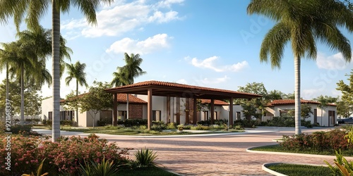 Tropical Resort Entrance With Palm Trees