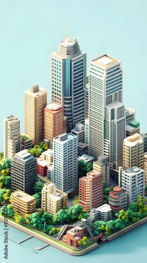 Obraz premium Low Poly Cityscape with Buildings and Trees