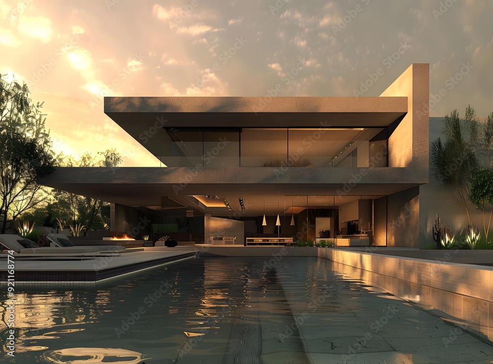 Fototapeta premium Modern Minimalist Architecture House Design with Swimming Pool and Sunset Sky
