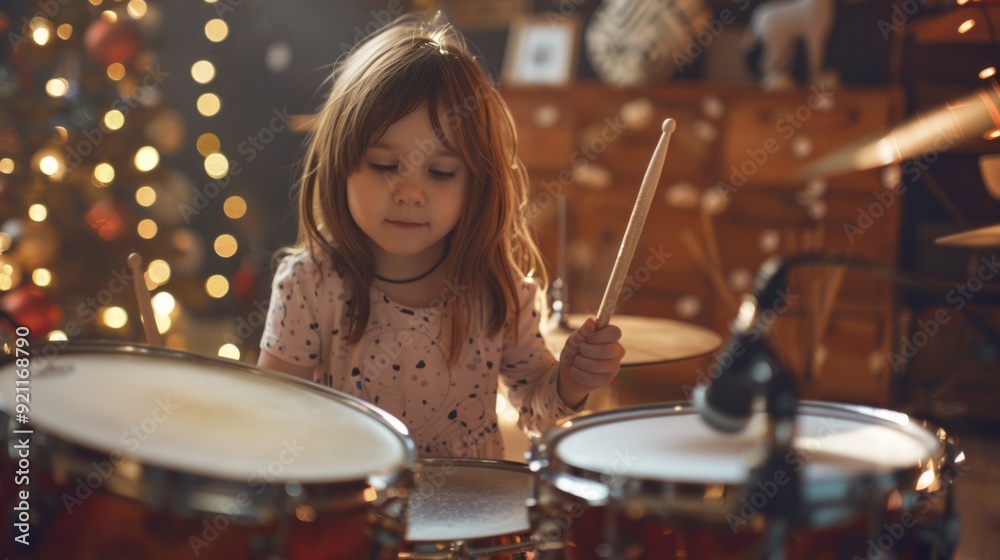 Obraz premium A young girl is playing drums in a room with Christmas decorations