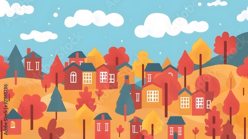 Autumn Village Illustration With Colorful Houses