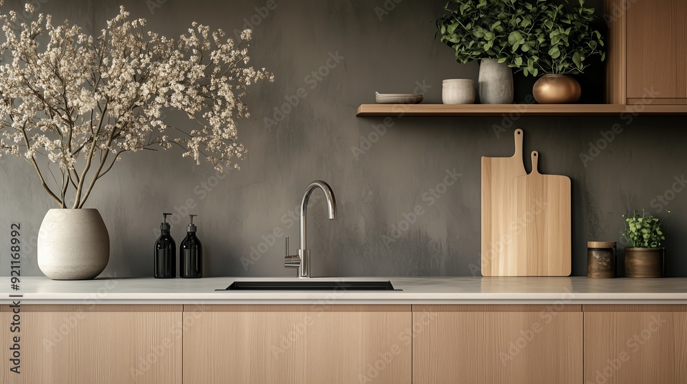 Modern kitchen interior with wooden cabinetry and elegant decor featuring flowers and kitchenware Modern kitchen interior with wooden cabinetry and elegant decor featuring flowers and kitchenware