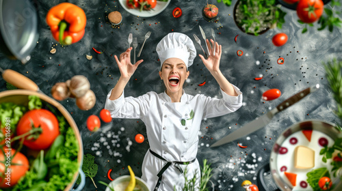 A female chef joyfully tosses vegetables and cutlery in the air, radiating happiness in a professional kitchen filled with fresh ingredients