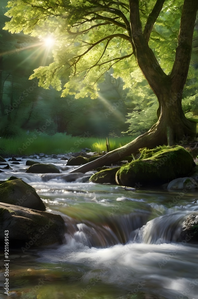 A forest stream flowing past moss covered rocks and a large tree. A forest stream flowing past moss covered rocks and a large tree.