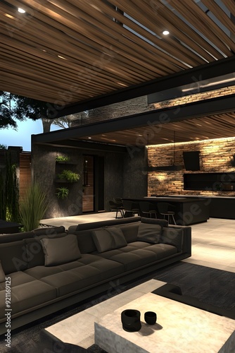 Wallpaper Mural Modern Minimalist Home Patio Design With Wooden Beams And Black Furniture Torontodigital.ca