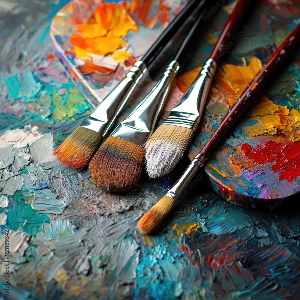 A vibrant collection of artist brushes resting on a textured palette filled with colorful paint, perfect for creative projects.