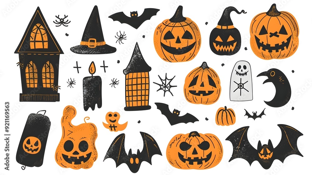 Spooky Halloween Craft Sticker Icons with Pumpkins Bats and Haunted House Silhouettes on White Background Spooky Halloween Craft Sticker Icons with Pumpkins Bats and Haunted House Silhouettes on White Background