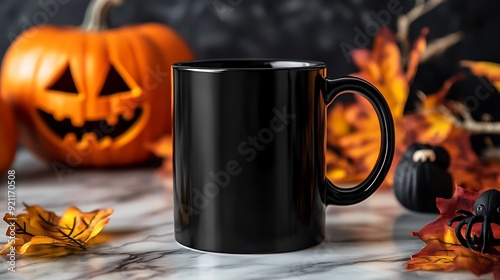 Elegant Halloween Mockup Scene with Blank Black Sublimation Mug on Marble Countertop
