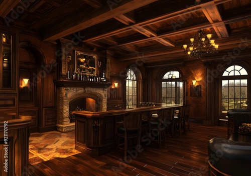 Luxurious Wooden Bar with Fireplace and Large Windows