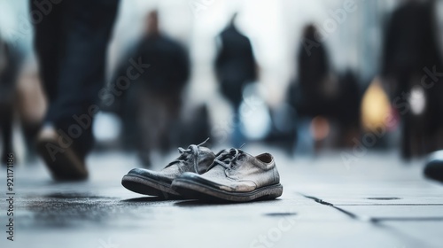 A pair of shoes abandoned on a bustling city street, symbolizing a forgotten journey amidst the constant movement of urban life. The image contrasts stillness and motion. photo