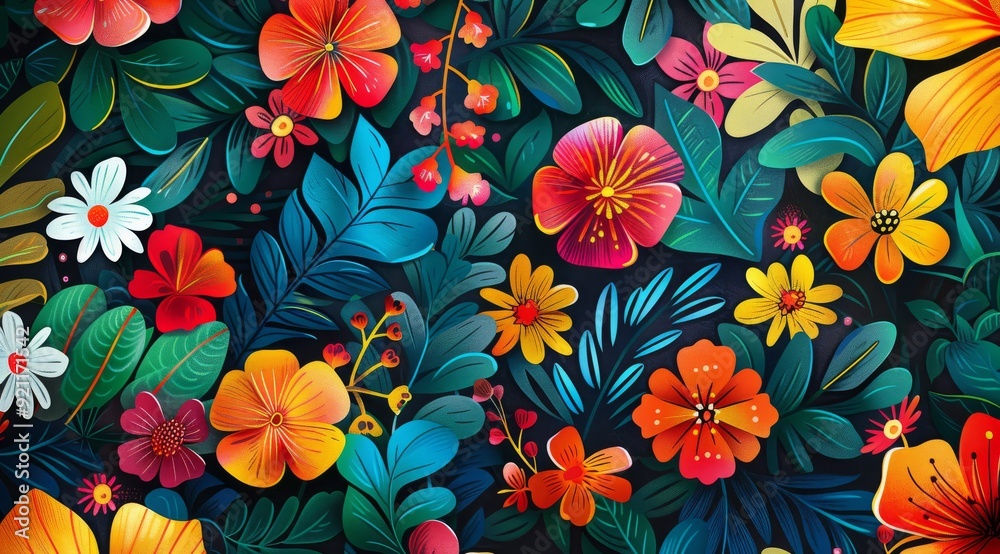 A vibrant design with colorful flowers and lush green leaves creates an impressive botanical display A vibrant design with colorful flowers and lush green leaves creates an impressive botanical display