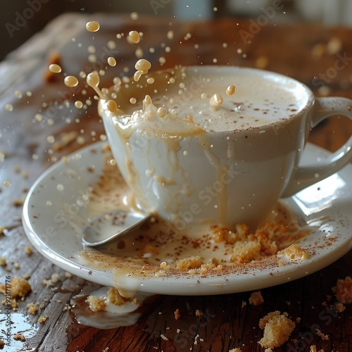 A beautifully splashed cup of coffee sitting on a wooden table adorned with crumbs photo