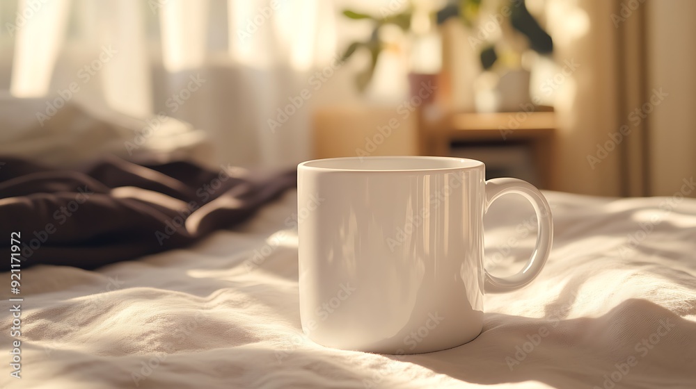 Morning Serenity - White Ceramic Mug Mockup on Bedside Table with Soft Sunrays Background Morning Serenity - White Ceramic Mug Mockup on Bedside Table with Soft Sunrays Background