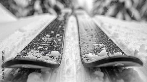 Two black and white skis resting in the snow, captured from a low angle to emphasize the tips and snowy texture.