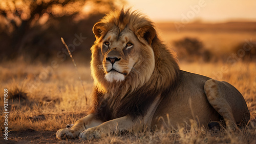 A majestic lion, king of the jungle, basks in the golden light of the setting sun, his powerful presence radiating across the African savanna. photo
