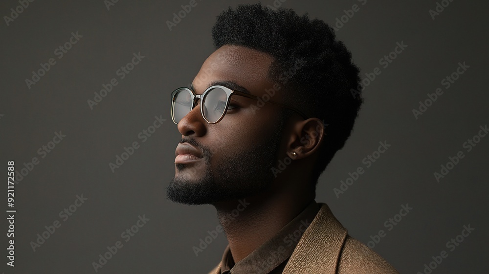 Obraz premium Visionary Gaze: A stylish young Black man in round glasses contemplates the future against a muted backdrop, his expression a blend of hope and determination. 