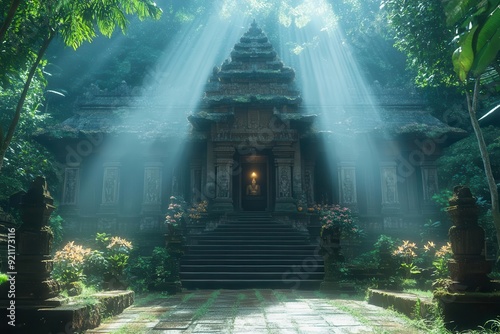 ancient temple emerging from lush rainforest wooden podium bathed in dappled sunlight mistshrouded stone statues vibrant tropical flowers ray of light illuminating product photo