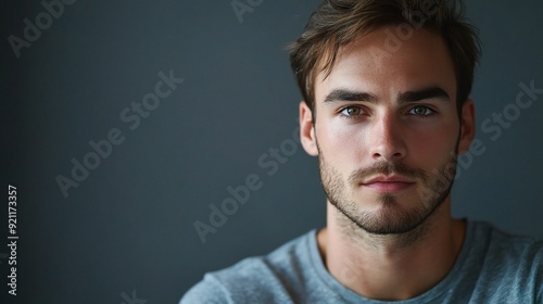 Intense Gaze: A portrait of a young man with piercing blue eyes and a contemplative expression, conveying a sense of depth and introspection. 