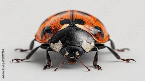 Detailed close-up of a ladybug showcasing its vibrant orange and black pattern and head features.
