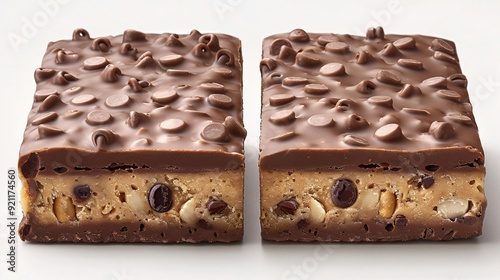 A delicious chocolate chip protein bar is shown in halves, revealing layers of chocolate and nuts. photo