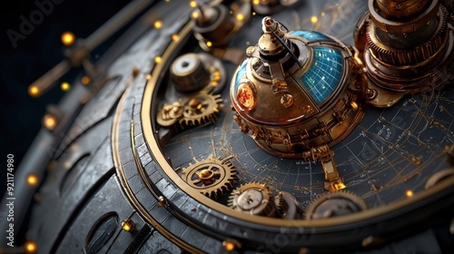 Intricate close-up of a vintage steampunk clock, showcasing gears and elegant design details in rich metallic tones.